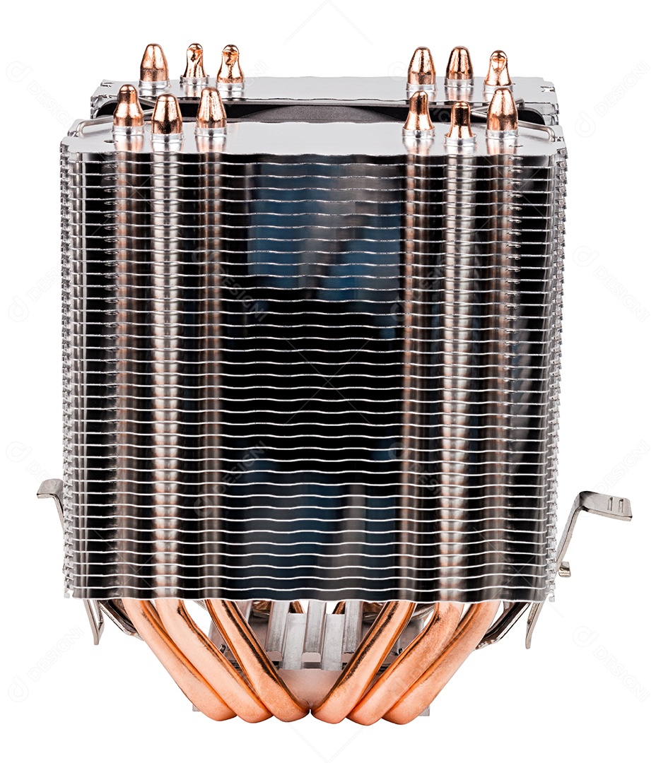 Vista frontal do cooler de CPU tipo torre noname chinês com seis heatpipes isolados