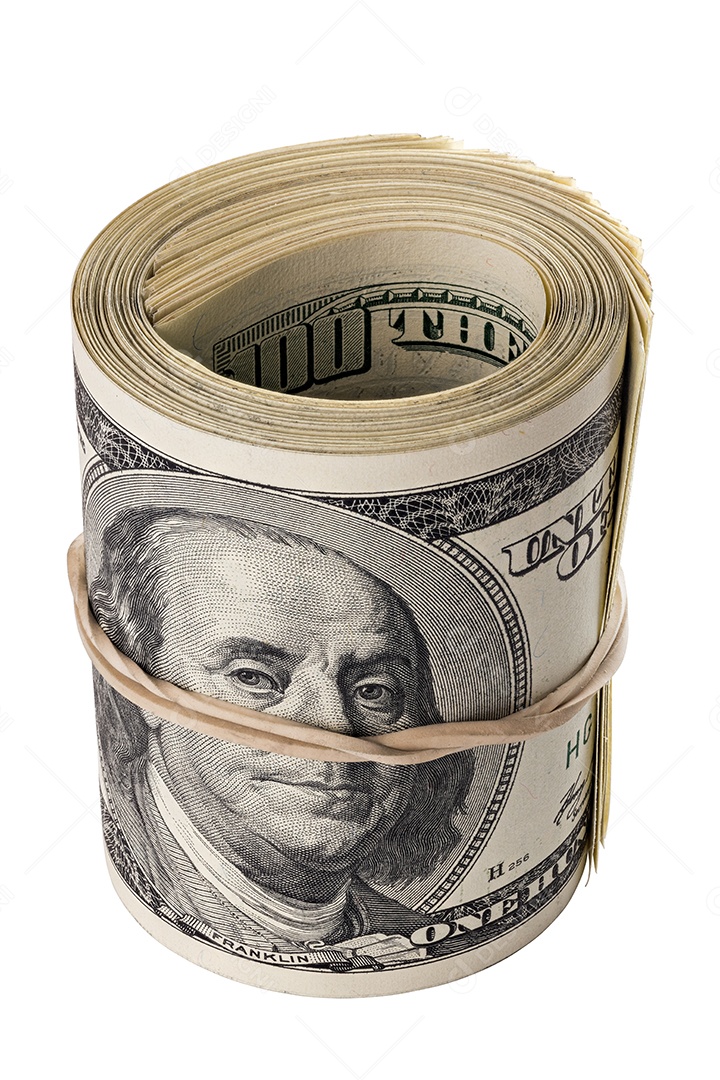 Um rolo de cem dólares americanos deitado de lado isolado no fundo branco