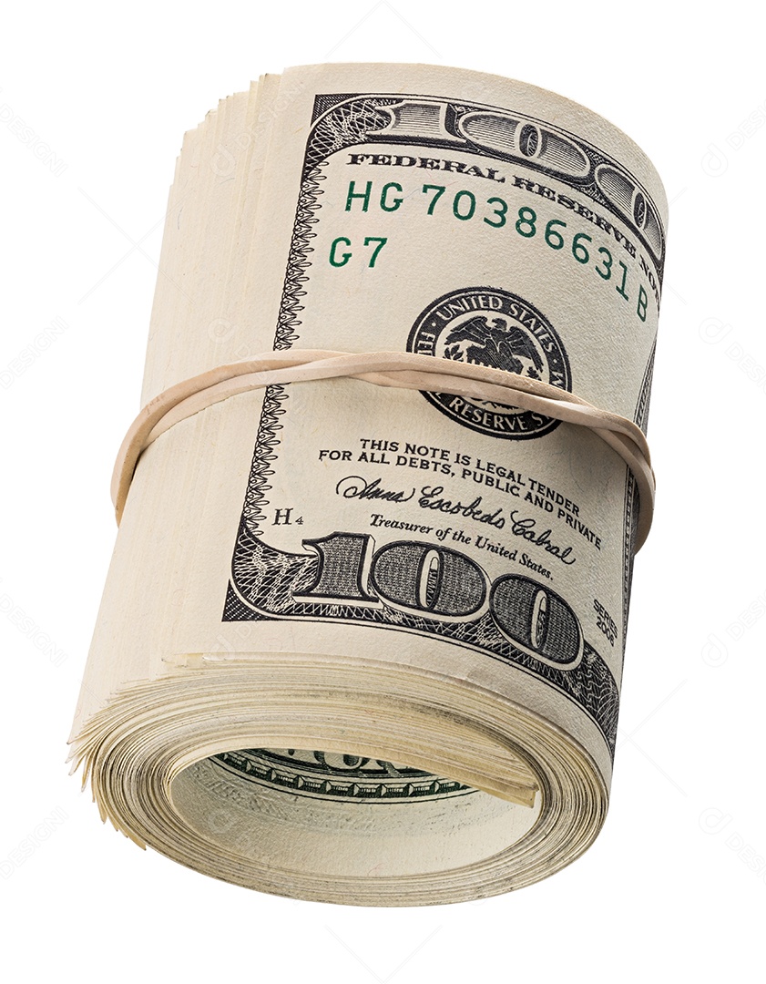 Um rolo de cem dólares americanos deitado de lado isolado no fundo branco