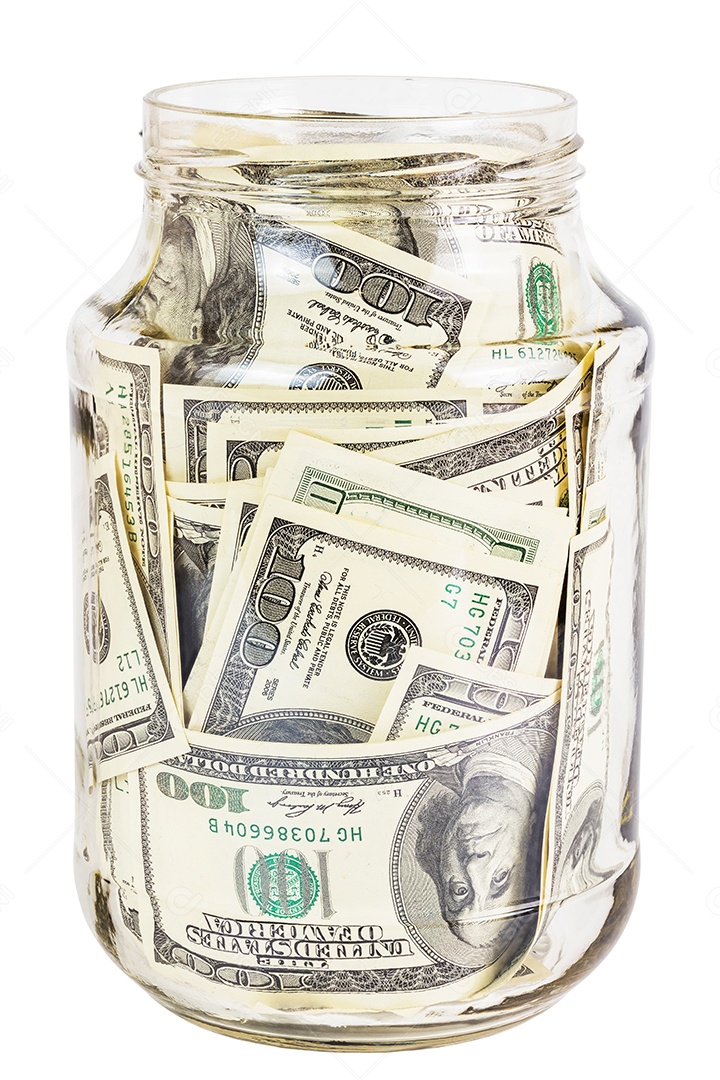 Frasco de vidro cheio de notas de cem dólares deitado de lado