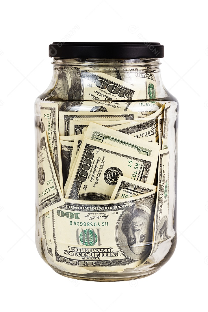 Frasco de vidro cheio de notas de cem dólares deitado de lado