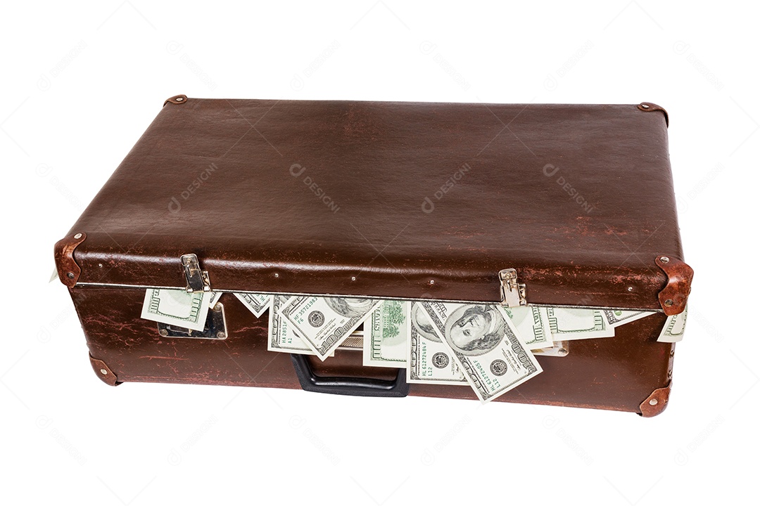 Uma velha mala fechada de fibra marrom com notas de dólar salientes