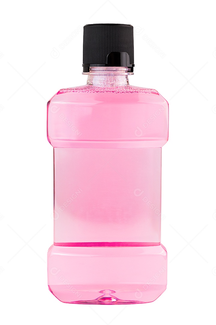 Uma garrafa plástica de enxaguatório bucal com água rosa isolada em fundo branco