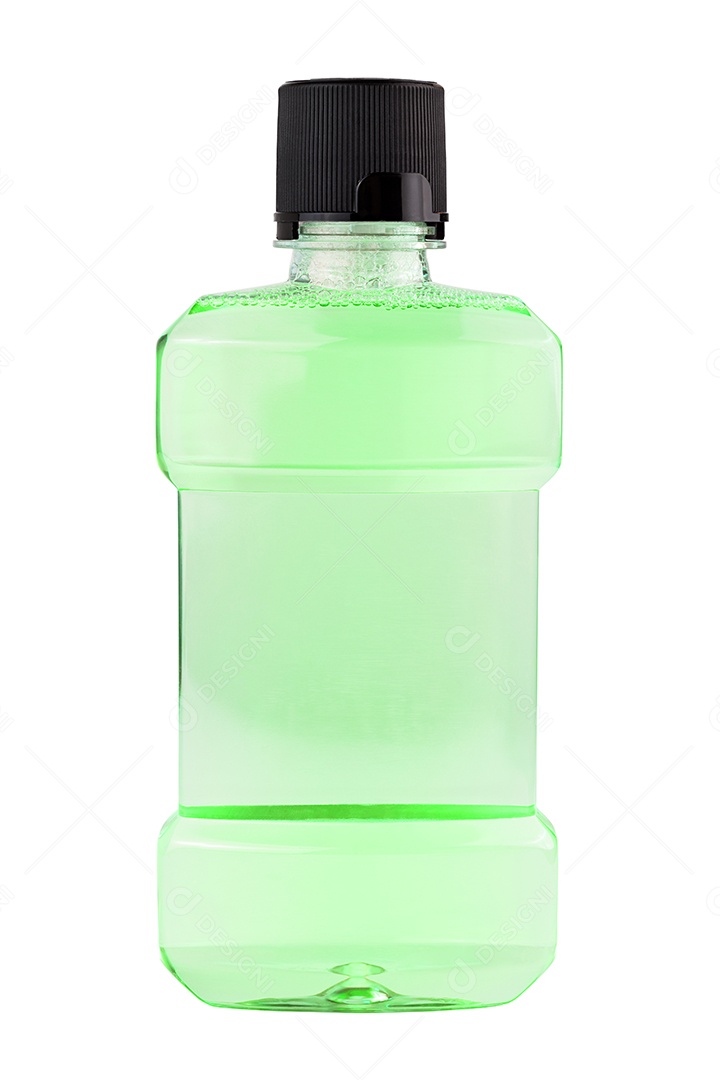 Uma garrafa plástica de enxaguatório bucal com água rosa isolada em fundo branco