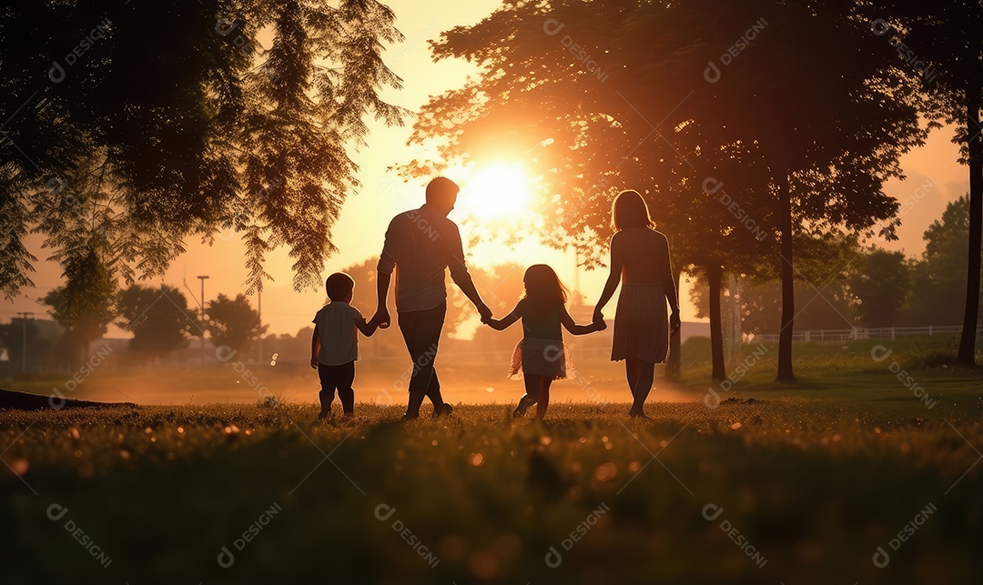 Pais e filhos chegando para brincar alegremente e se divertir no parque de diversões na silhueta do pôr do sol