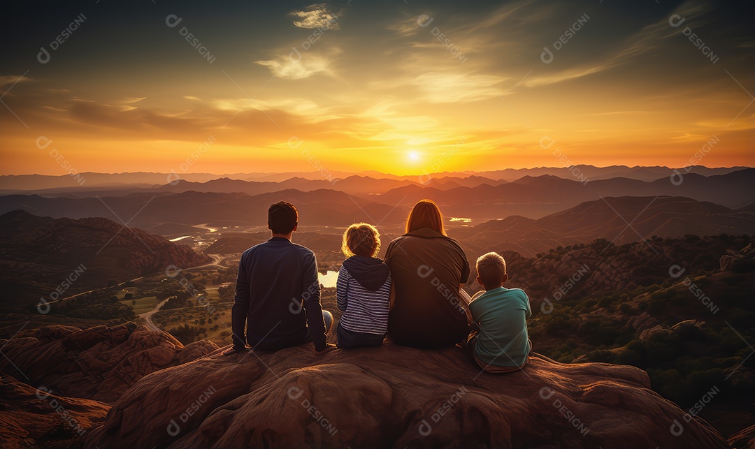 Pais e filhos contemplando bela paisagem em um mirante na silhueta do pôr do sol