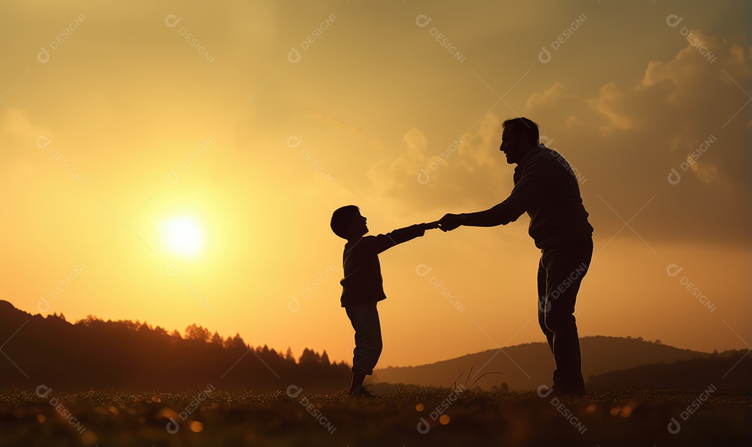 Feliz pai e filho brincando no parque ao ar livre em silhueta ao pôr do sol nas celebrações do Dia das Crianças