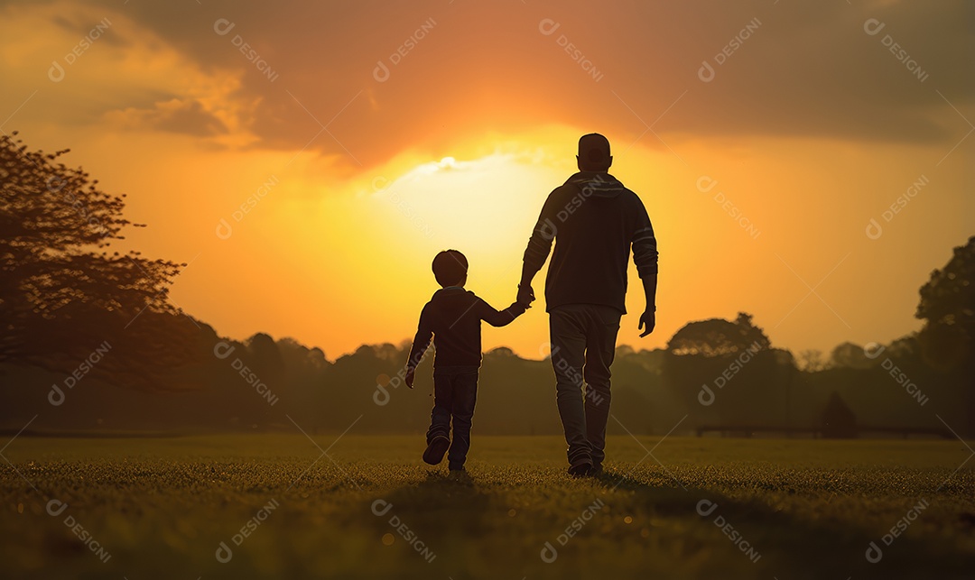 Feliz pai e filho brincando no parque ao ar livre em silhueta ao pôr do sol nas celebrações do Dia das Crianças