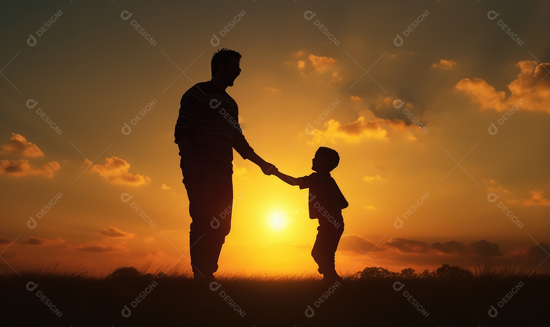 Feliz pai e filho brincando no parque ao ar livre em silhueta ao pôr do sol nas celebrações do Dia das Crianças