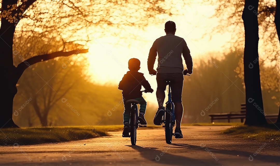 Pai ensinando filho a andar de bicicleta em silhueta ao pôr do sol em família e conceito de Dia das Crianças