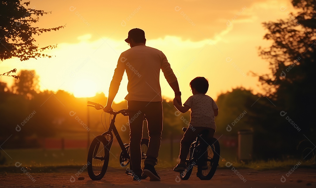 Pai ensinando filho a andar de bicicleta em silhueta ao pôr do sol em família e conceito de Dia das Crianças