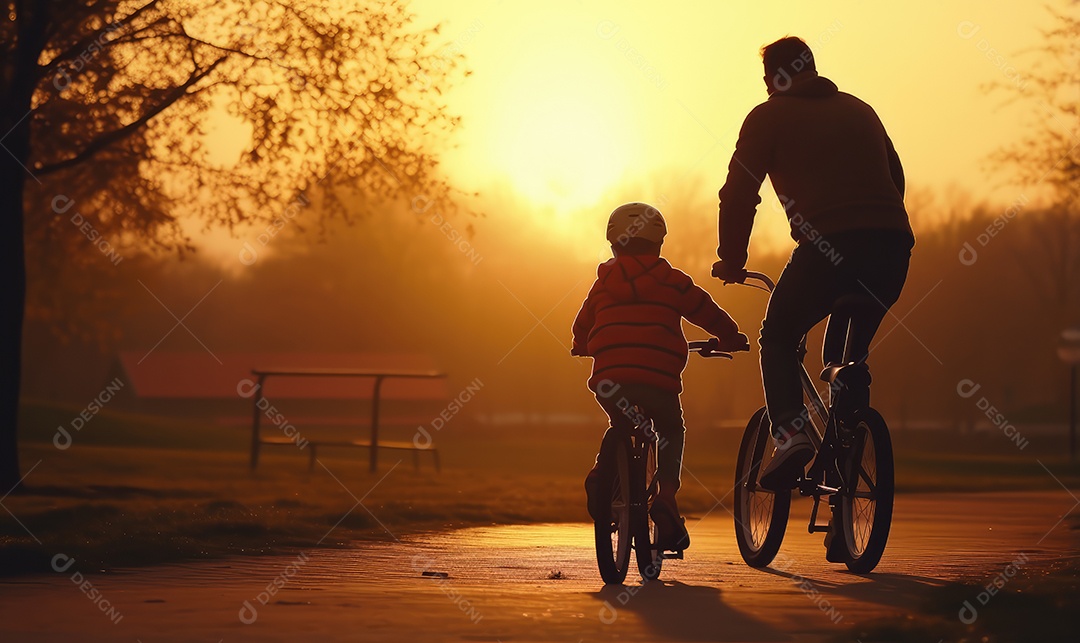 Pai ensinando filho a andar de bicicleta em silhueta ao pôr do sol em família e conceito de Dia das Crianças