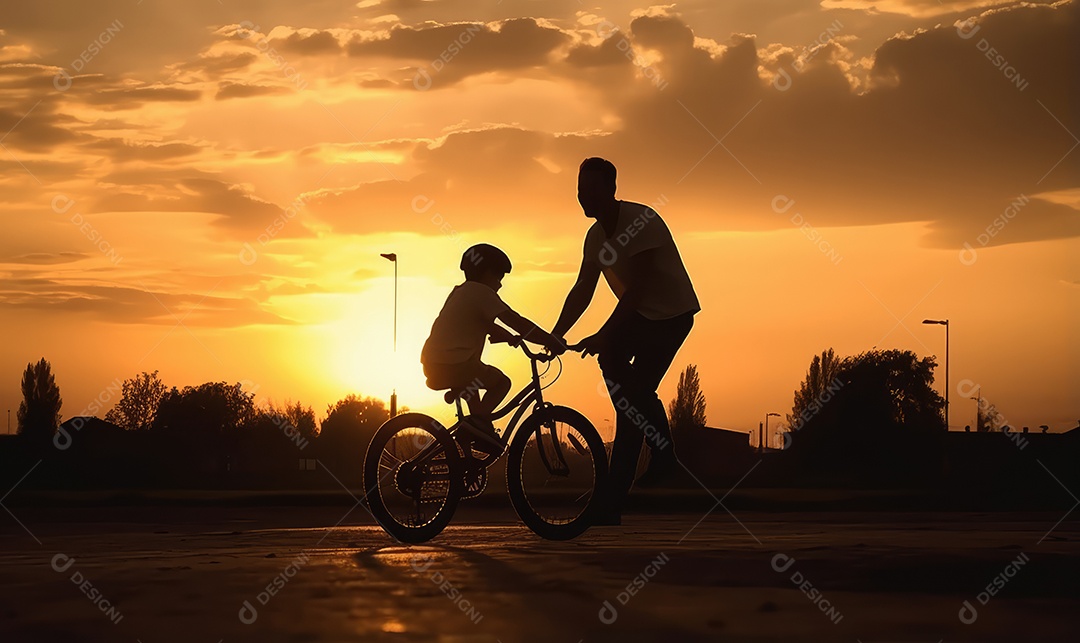 Pai ensinando filho a andar de bicicleta em silhueta ao pôr do sol em família e conceito de Dia das Crianças