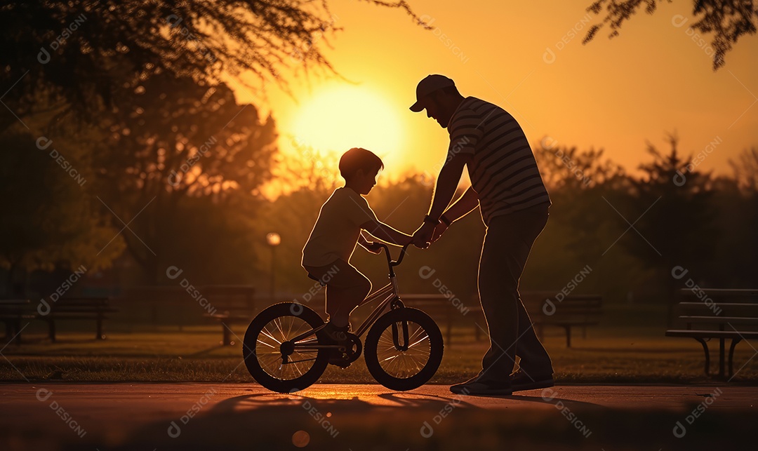 Pai ensinando filho a andar de bicicleta em silhueta ao pôr do sol em família e conceito de Dia das Crianças