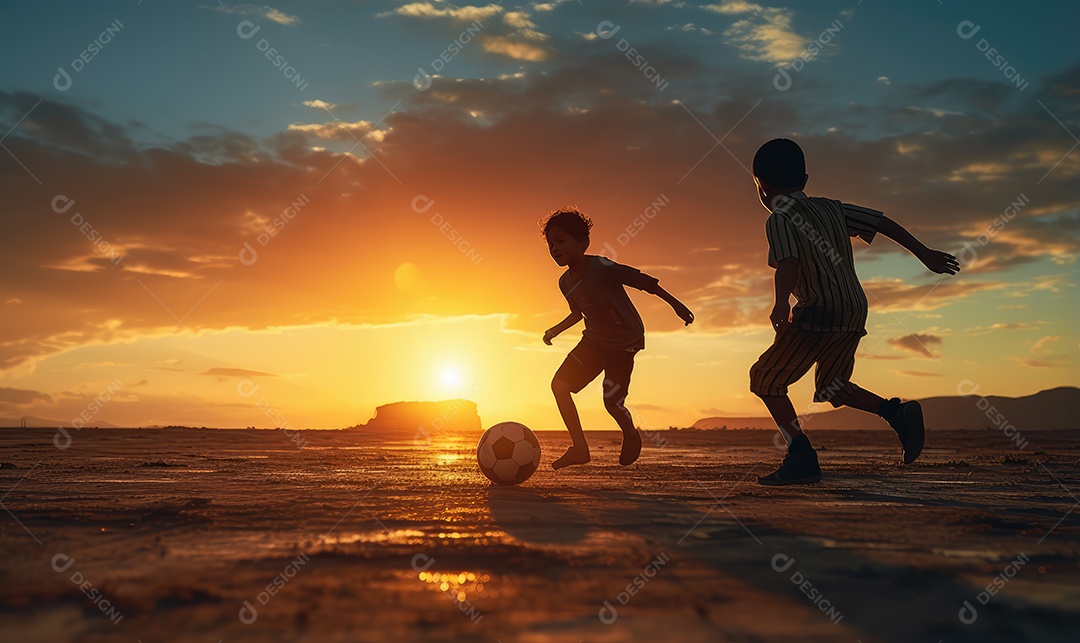 Crianças jogando futebol no chão se divertindo em uma tarde ensolarada comemorando o Dia das Crianças