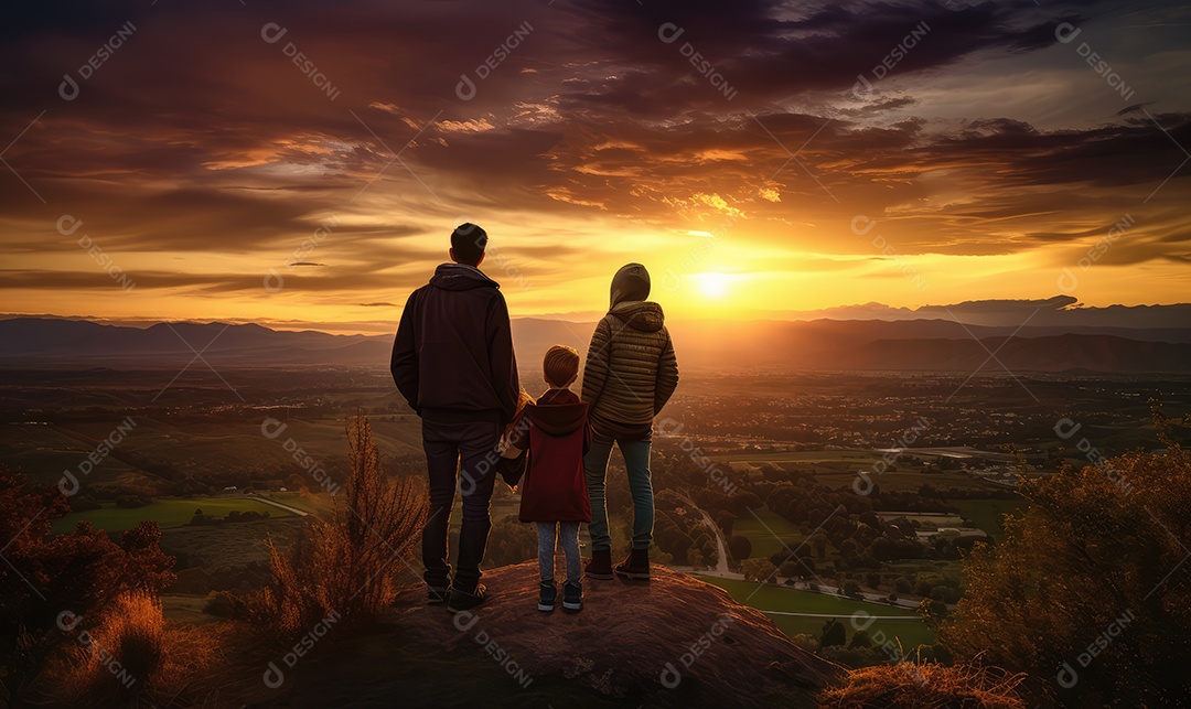 Pais e filhos contemplando bela paisagem em um mirante na silhueta do pôr do sol