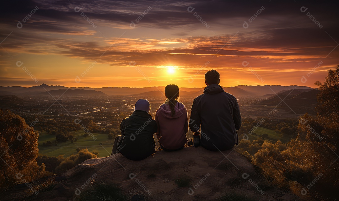 Pais e filhos contemplando bela paisagem em um mirante na silhueta do pôr do sol