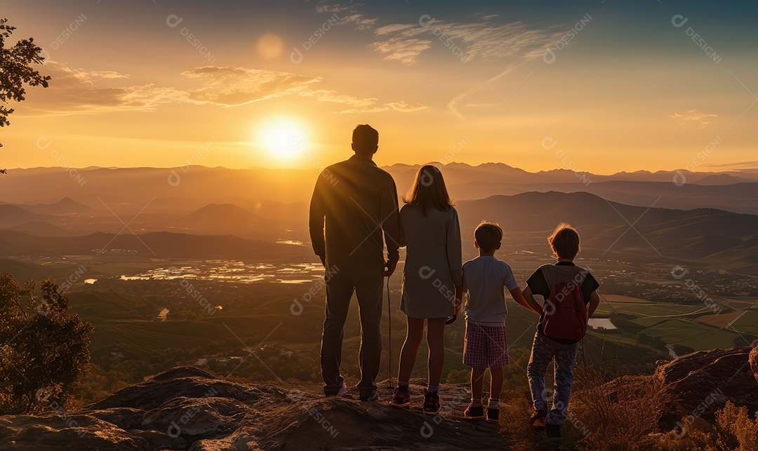 Pais e filhos chegando para brincar alegremente e se divertir no parque de diversões na silhueta do pôr do sol