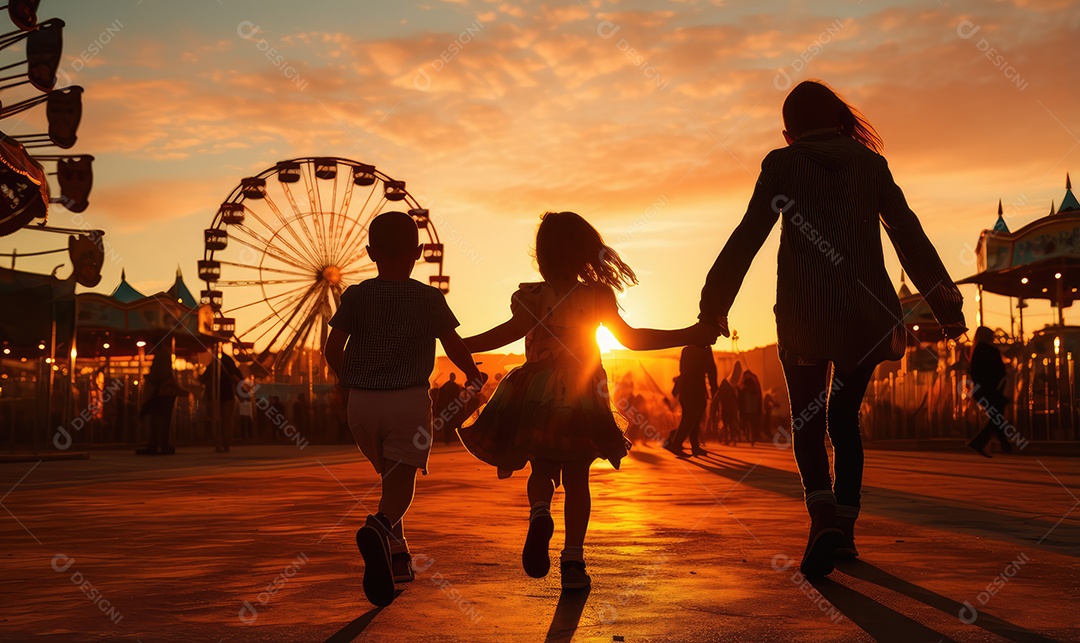 Pais e filhos chegando para brincar alegremente e se divertir no parque de diversões na silhueta do pôr do sol