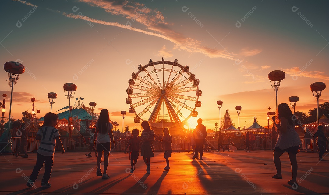 Pais e filhos chegando para brincar alegremente e se divertir no parque de diversões na silhueta do pôr do sol