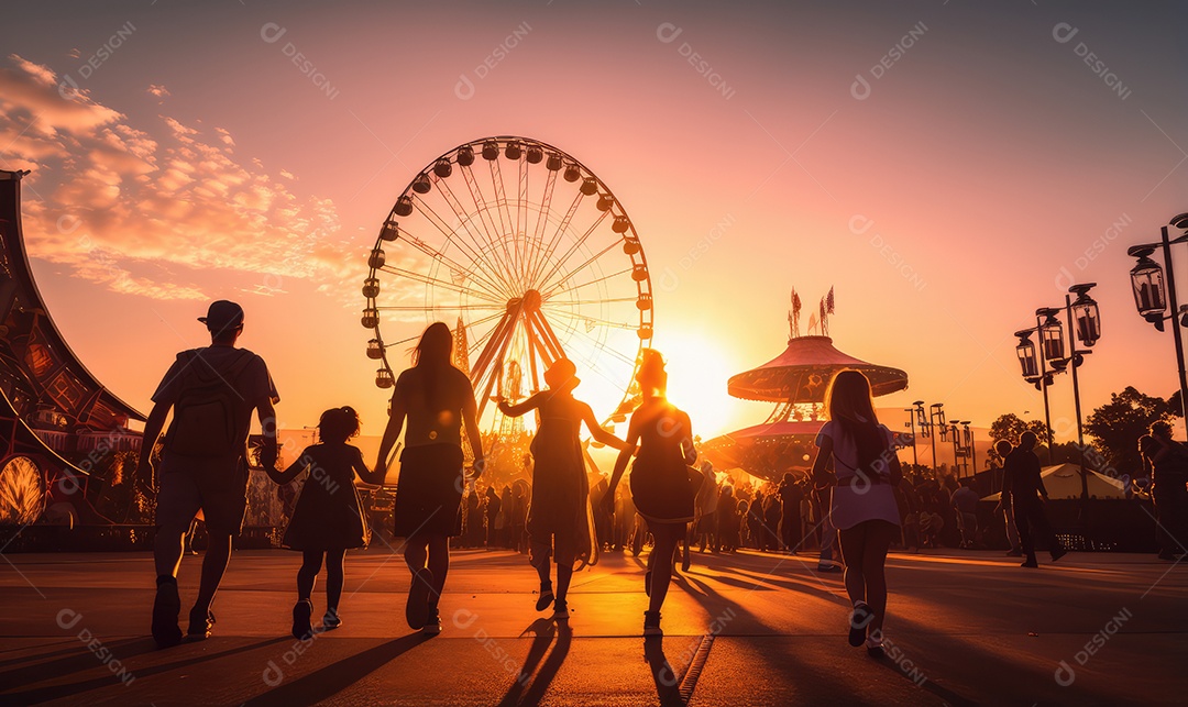 Pais e filhos chegando para brincar alegremente e se divertir no parque de diversões na silhueta do pôr do sol