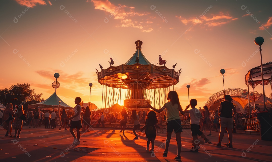 Pais e filhos chegando para brincar alegremente e se divertir no parque de diversões na silhueta do pôr do sol