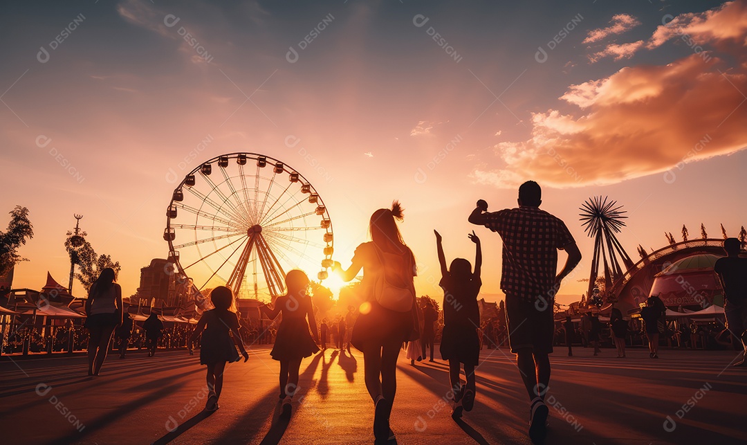Pais e filhos chegando para brincar alegremente e se divertir no parque de diversões na silhueta do pôr do sol