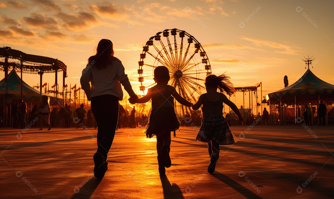 Pais e filhos chegando para brincar alegremente e se divertir no parque de diversões na silhueta do pôr do sol