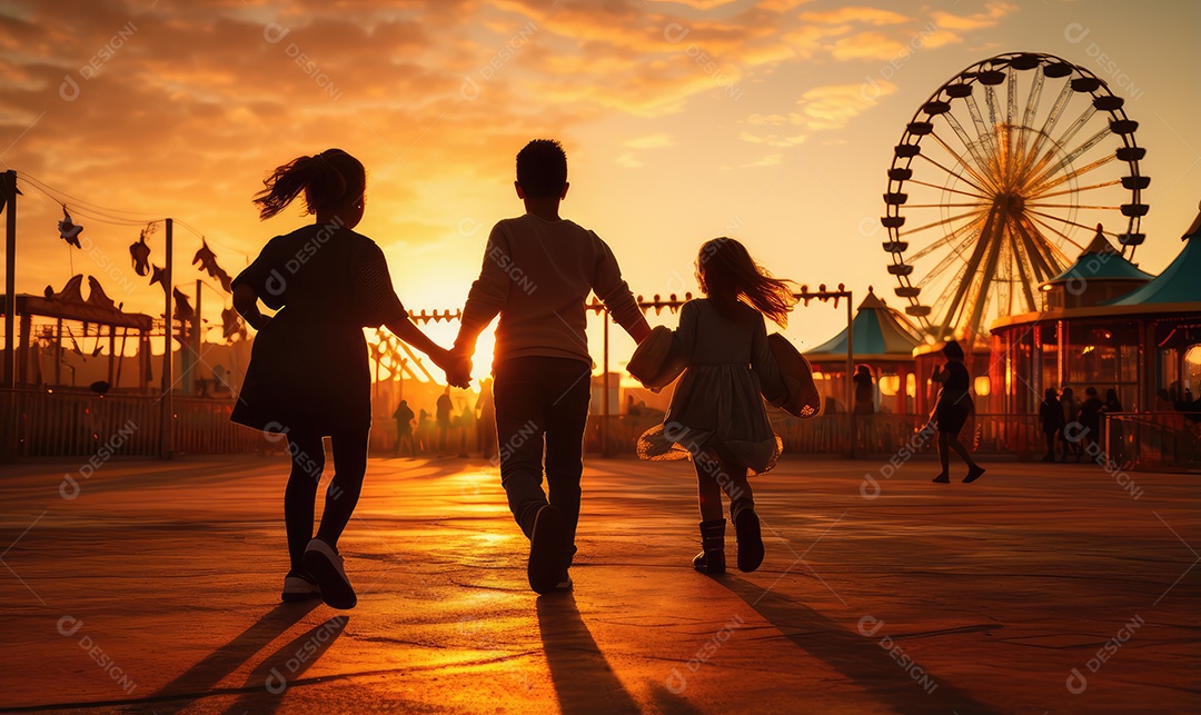 Pais e filhos chegando para brincar alegremente e se divertir no parque de diversões na silhueta do pôr do sol