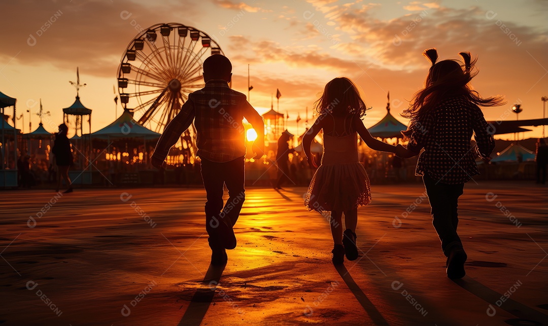 Pais e filhos chegando para brincar alegremente e se divertir no parque de diversões na silhueta do pôr do sol