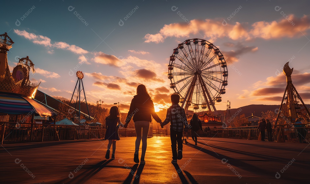 Pais e filhos chegando para brincar alegremente e se divertir no parque de diversões na silhueta do pôr do sol