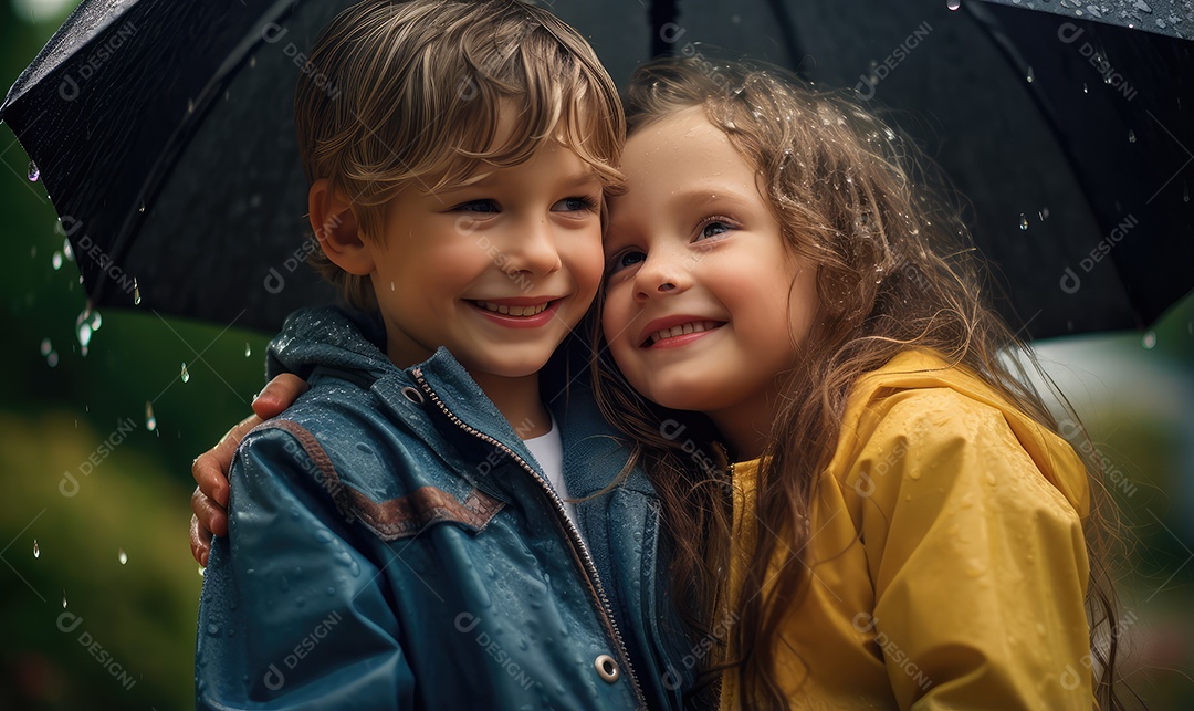 Crianças sorridentes e felizes se divertindo e brincando na chuva comemorando o Dia das Crianças