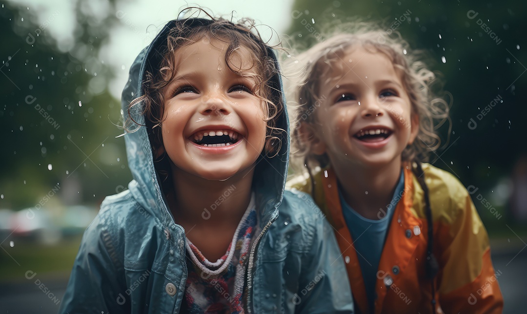 Crianças sorridentes e felizes se divertindo e brincando na chuva comemorando o Dia das Crianças