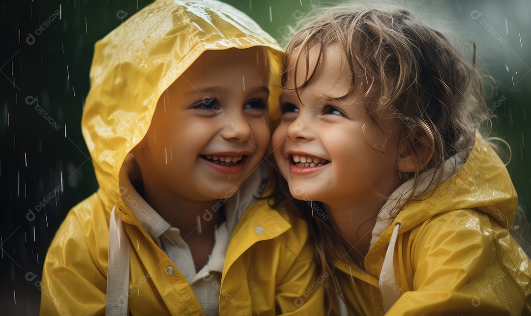 Crianças sorridentes e felizes se divertindo e brincando na chuva comemorando o Dia das Crianças