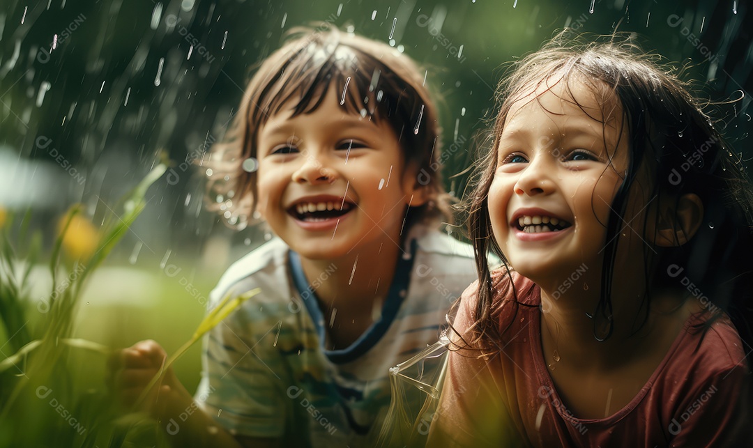 Crianças sorridentes e felizes se divertindo e brincando na chuva comemorando o Dia das Crianças