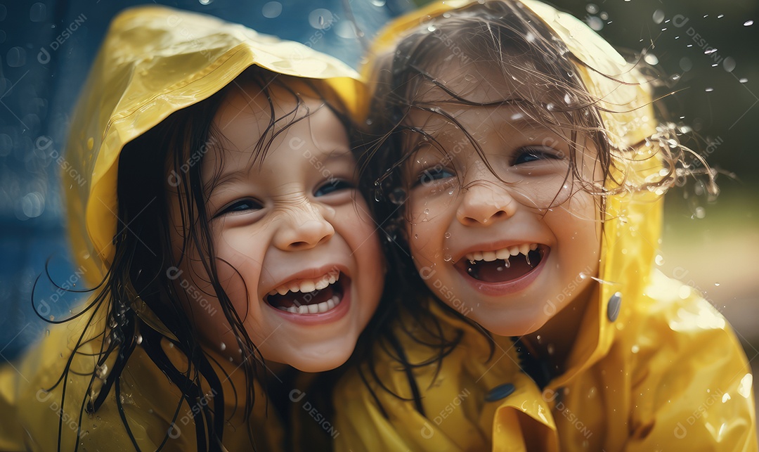 Crianças sorridentes e felizes se divertindo e brincando na chuva comemorando o Dia das Crianças