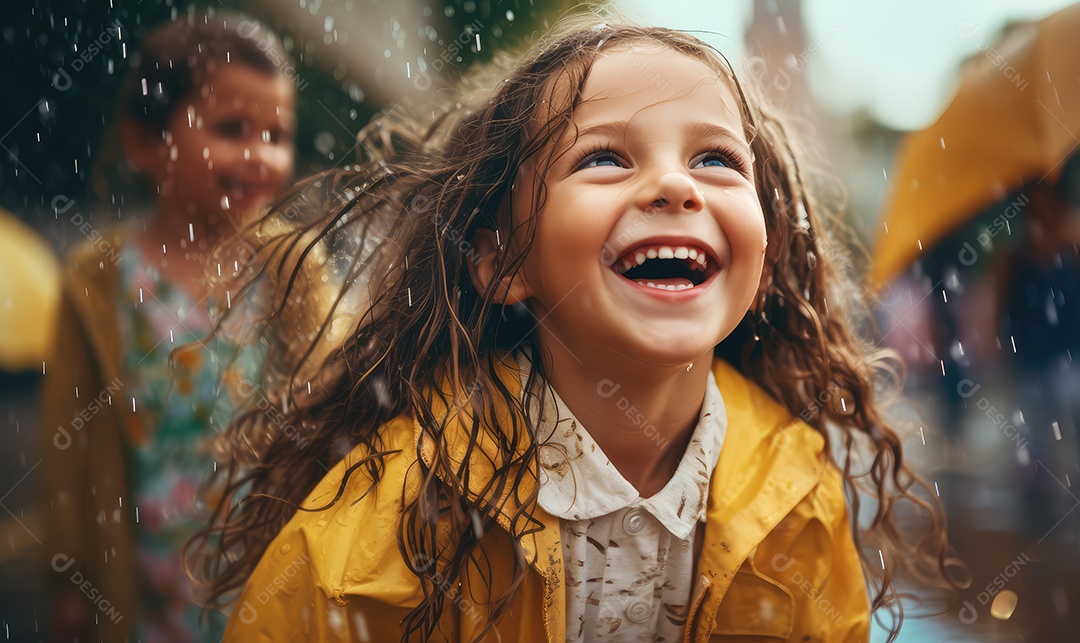 Crianças sorridentes e felizes se divertindo e brincando na chuva comemorando o Dia das Crianças