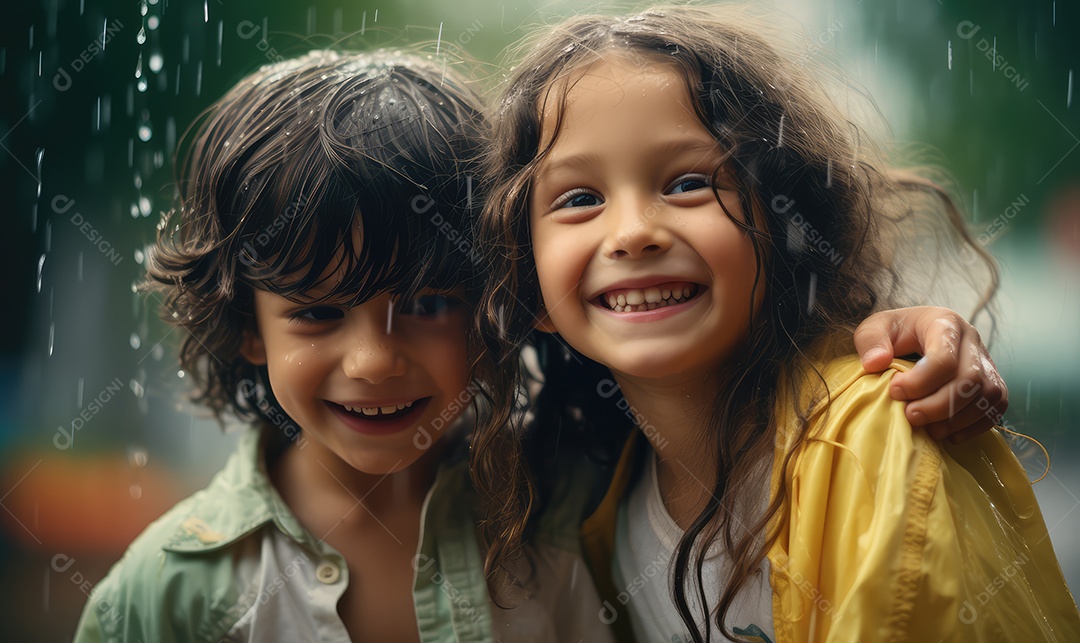 Crianças sorridentes e felizes se divertindo e brincando na chuva comemorando o Dia das Crianças