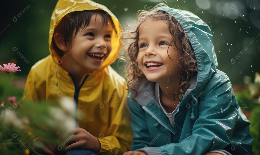 Crianças sorridentes e felizes se divertindo e brincando na chuva comemorando o Dia das Crianças