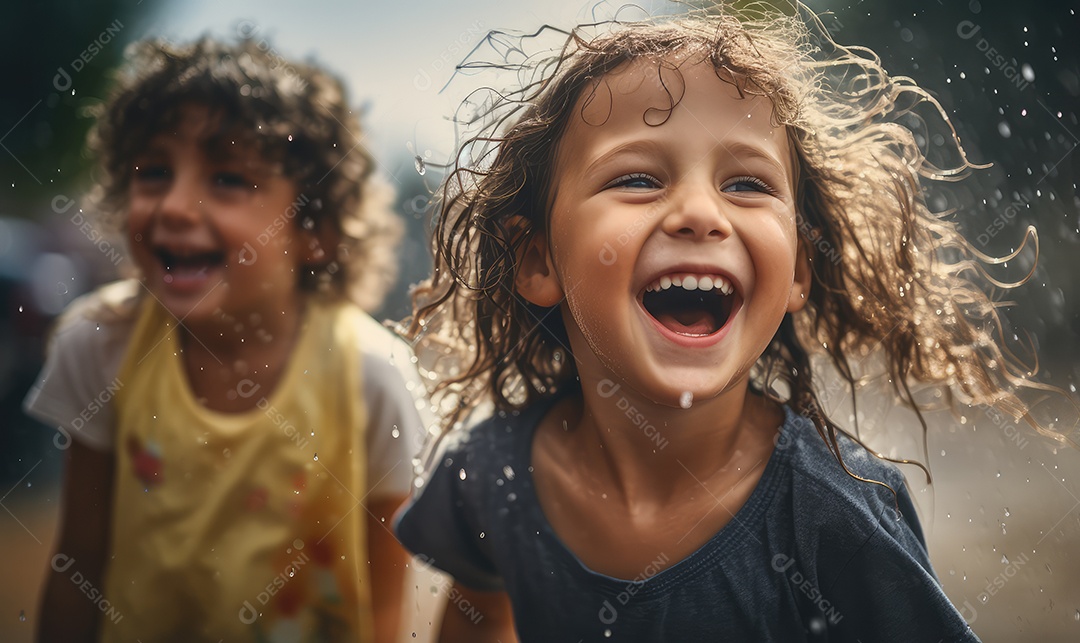 Crianças sorridentes e felizes se divertindo e brincando na chuva comemorando o Dia das Crianças