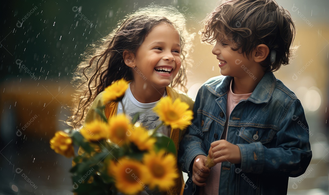 Crianças sorridentes e felizes se divertindo e brincando na chuva comemorando o Dia das Crianças