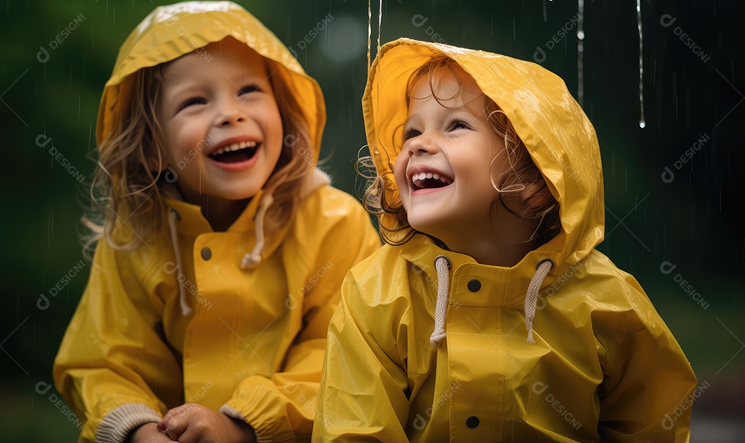 Crianças sorridentes e felizes se divertindo e brincando na chuva comemorando o Dia das Crianças