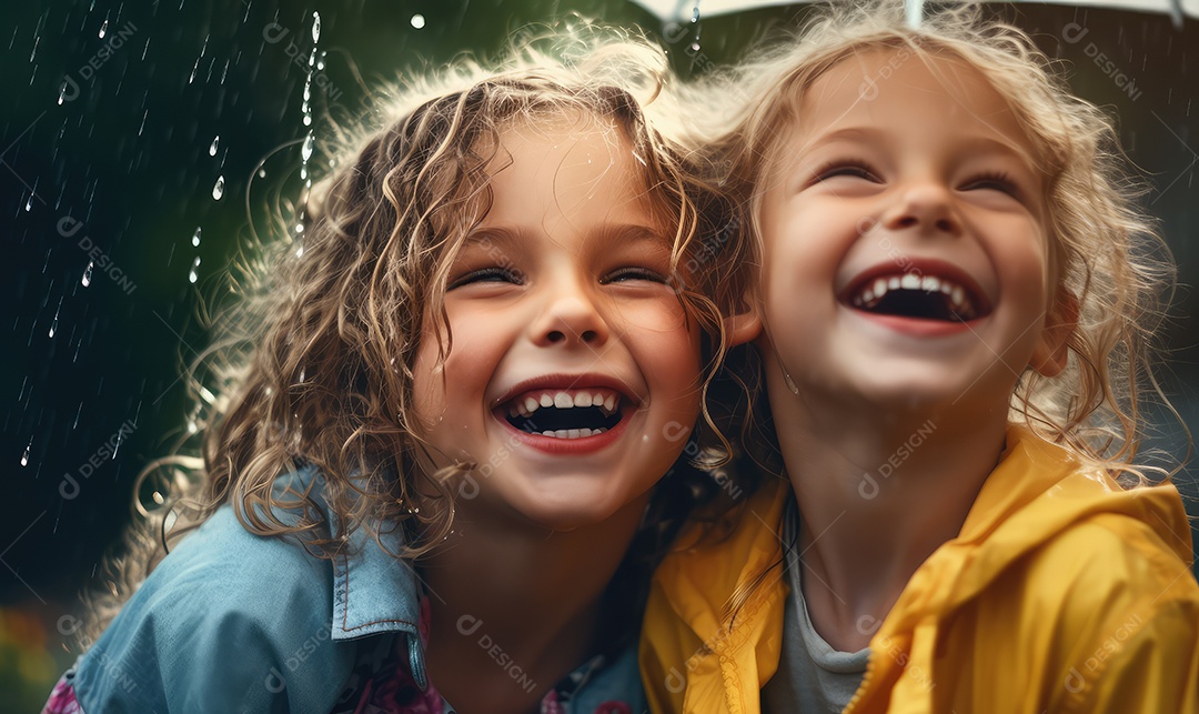 Crianças sorridentes e felizes se divertindo e brincando na chuva comemorando o Dia das Crianças