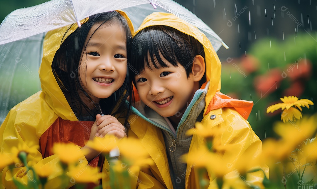 Crianças sorridentes e felizes se divertindo e brincando na chuva comemorando o Dia das Crianças