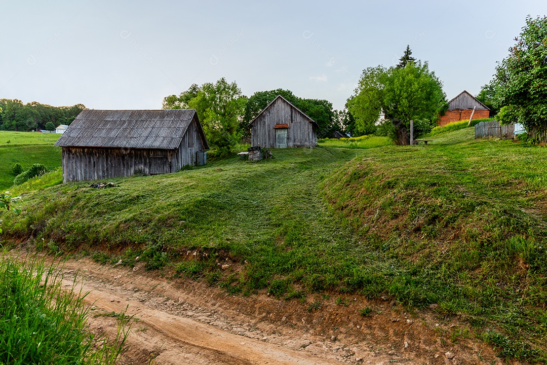 Antigos celeiros de madeira no quintal com gramado sob uma fazenda