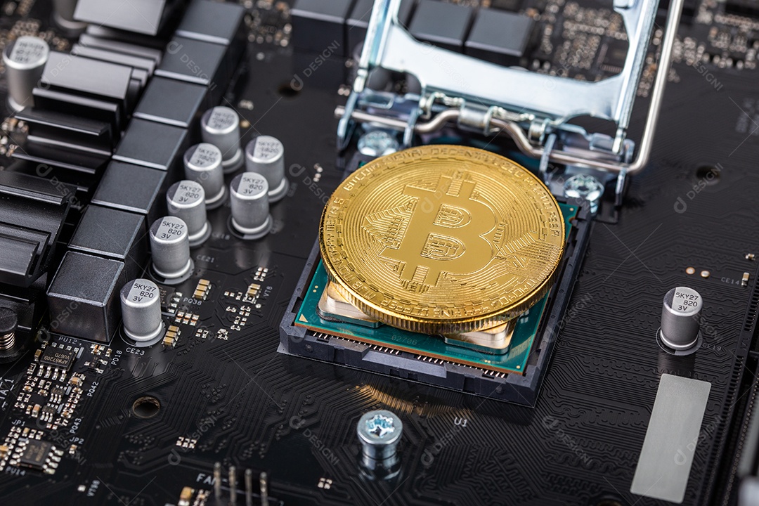 Bitcoin físico brilhante em placa eletrônica preta com foco seletivo e desfoque