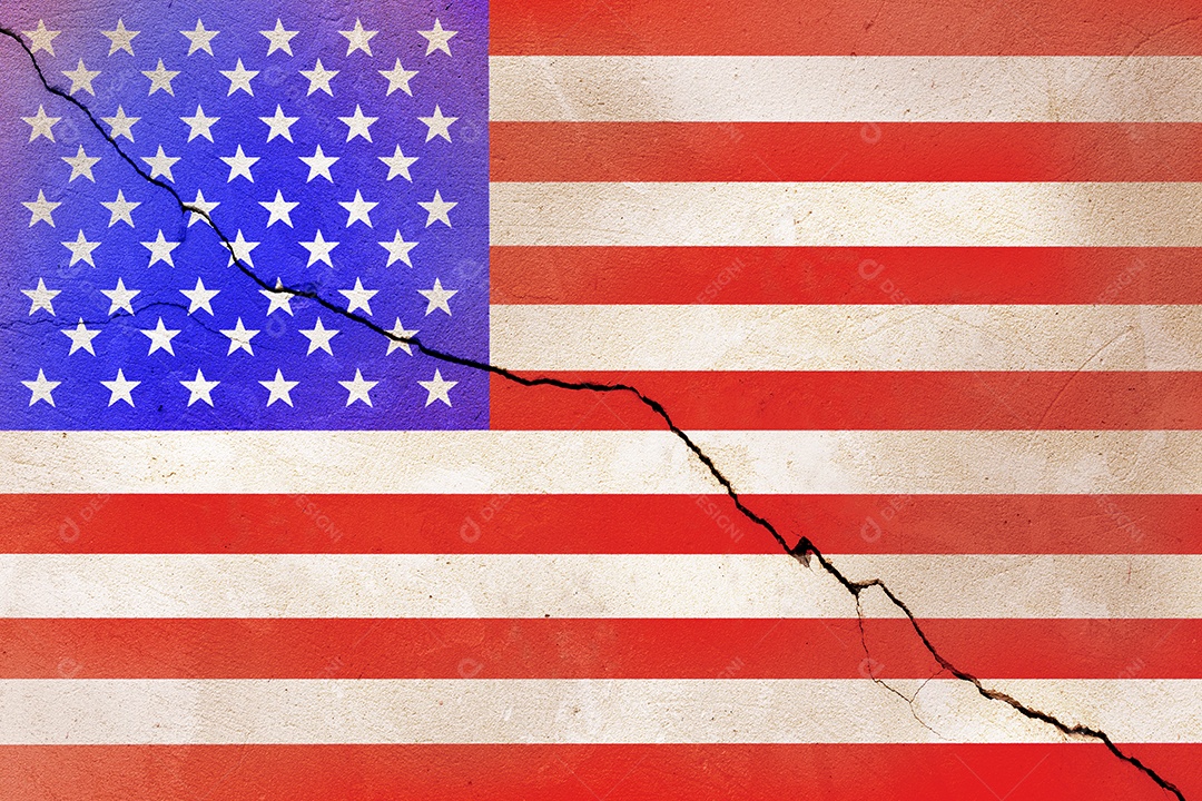Bandeira dos EUA pintada em parede rachada após desastre de terremoto textura plana