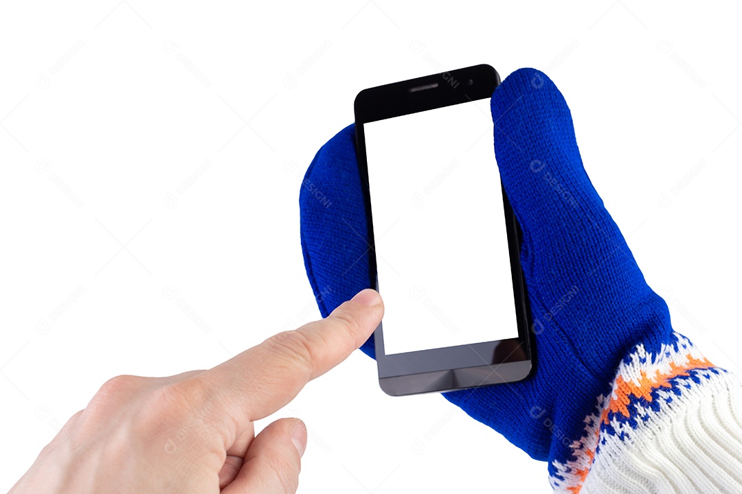 Celular com luvas isoladas em fundo branco