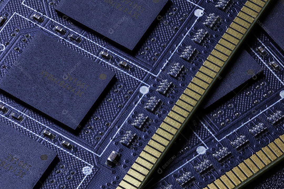 Fundo universal escuro de close-up de memória ram de PC preto com foco seletivo