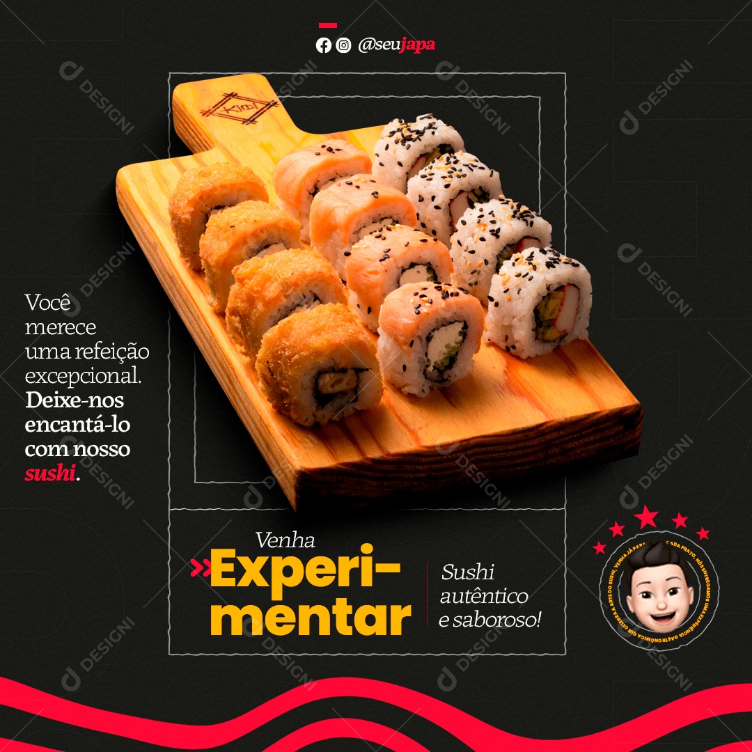 Comida Japonesa Venha Experimentar Sushi Autêntico e Saboroso Social Media PSD Editável